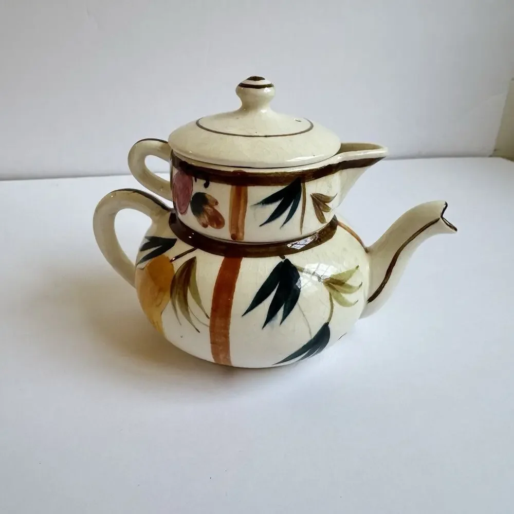 Vintage Tea for One Stacking Set Teapot Creamer Autumn Leaves Pattern Pear Japan